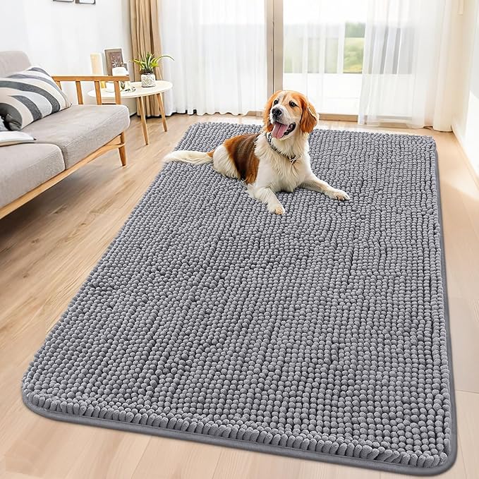 Smiry Dog Door Mat for Muddy Paws 59x35, Absorbs Moisture and Dirt Doormat, Non-Slip Washable Quick Dry Chenille Front Door Mat Indoor Entrance, Entryway Carpet for Inside Floor, Grey