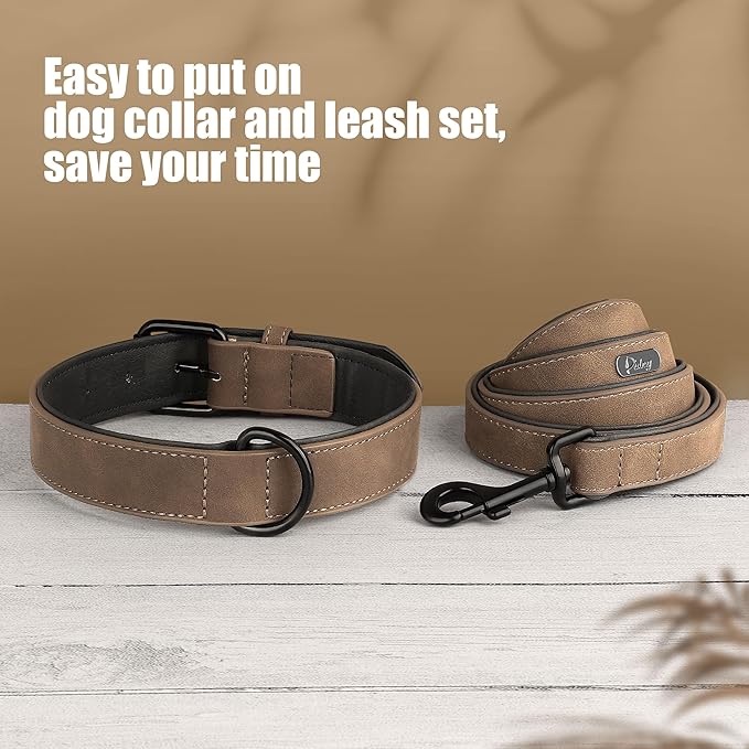 Didog Soft Padded Leather Dog Collar and Leash Set, Adjustable Dog Leash and Collar Set with Metal Buckle, Breathable Dog Collars with 4FT Leather Dog Leash for Small Medium Large Dogs, Brown, M
