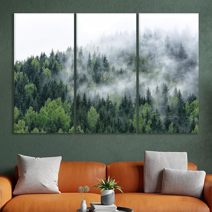 Nature Wall Art Prints - Ocean Forest Mountain Lake Canvas Landscapes - Small to Extra Large Living Room Bedroom Kitchen Bathroom Décor (Pine Trees in Fog, 47L" x 71W" - 3 panels)