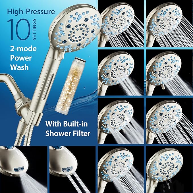AquaCare High Pressure 10 Spray Mode Filtered Showerhead - Handheld Shower Head Filters Chlorine to Heal Dry Skin, Revive Hair - Dual Power Wash Cleans Tub, Tile, Pets - Hard Water Softener, Nickel