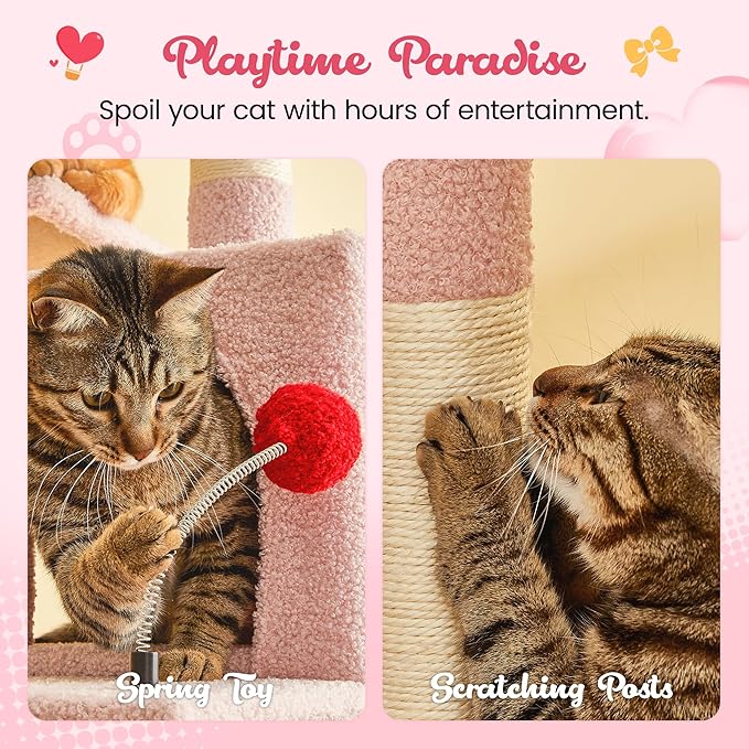 MWPO Cute Cat Tree, 63.8-Inch Pink Cat Tower for Indoor Cats, Multi-Level Cat Condo with 5 Scratching Posts, 2 Perches, Hammock, Dangling Toys