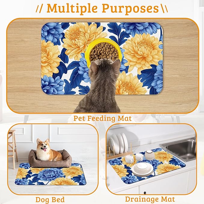 Blue Yellow Flowers Dog Food Mat, Absorbent Pet Feeding Mat for Food and Water Bowl,Quick Dry Dog Placemat Non Slip Rubber Backing Waterproof Pet Supplies 12" x 20"