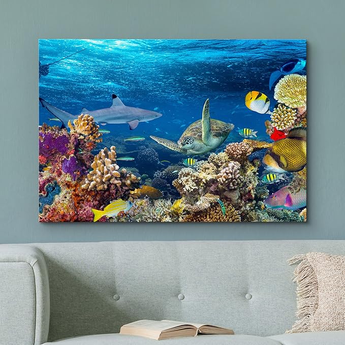 wall26 Canvas Print Wall Art Tropical Island Underwater Turtle Shark Nature Animals Photography Realism Rustic Scenic Landscape Wilderness Earth Colorful for Living Room, Bedroom, Office - 12"x18"