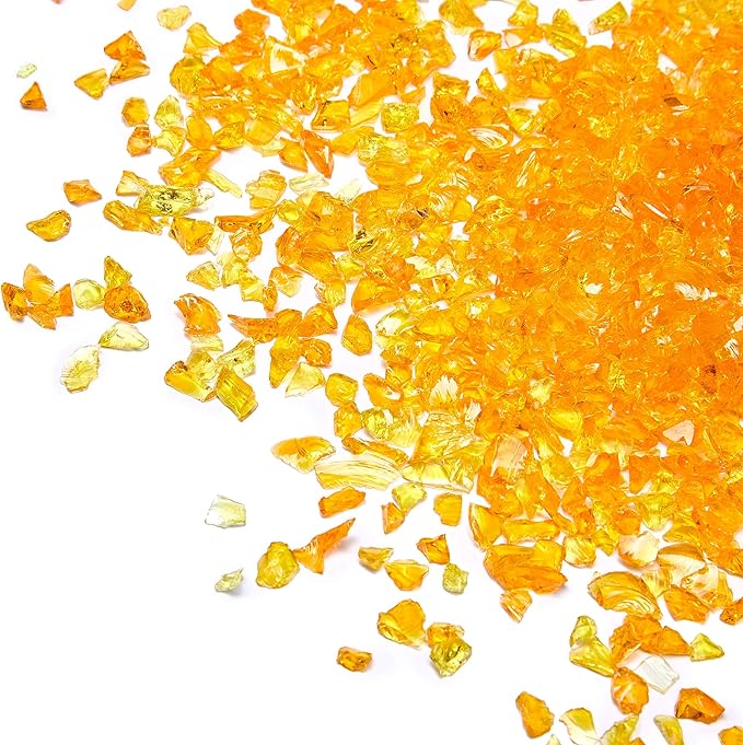 TWINKLING High Luster Crushed Glass Glitter, Broken Glass, Fire Glass Gems Chips for Fire Pit, DIY Resin Art, Epoxy Crafts, Geode Painting, Aquarium Decoration, 6-9mm(370g/13oz.) (Orange Yellow)