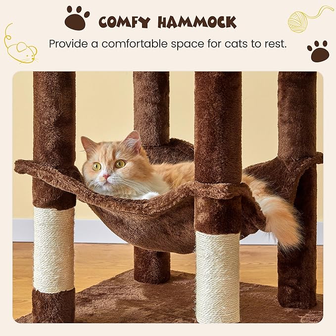 MWPO 63.8 inches Multi-Level Cat Tree for Large Cats with Sisal-Covered Scratching Posts, Padded Platform, Hammock and Condo,Stable Cat Tower Cat Condo Pet Play House (Brown)