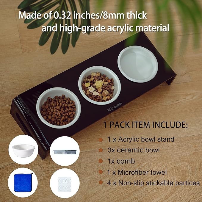 Tilted Raised Elevated Food and Water Bowls Stand for Cat or Small Dogs - Puppy's Clear Acrylic Stainless Steel 3 Dishes Holder for Boy or Girl Pet by WBhonghui (Black-3bowls)