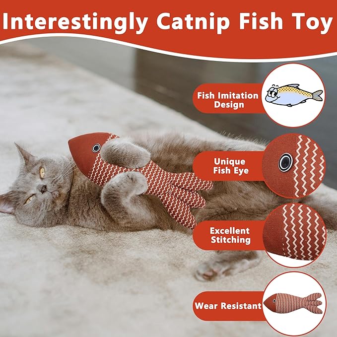 Interesting Catnip Toys Fish, 1 Pack Large Cat Toys, Soft Indoor Cat Kicker Toys, Durable and Highly Interactive Catnip Toys(Red Fish)