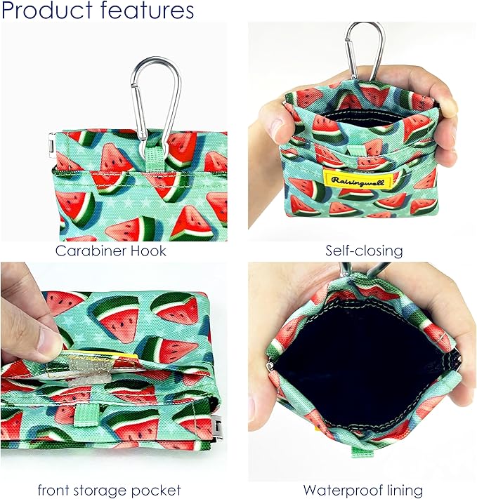 Dog Treat Pouch,Cotton Pocket Sized Training Holder, Hand Free Walking Funny Bag with Carabiner, Self-Closing Pet Feed Snack Reward, Behavior Aids for Puppy Travel or Outdoor Use(Watermelon)