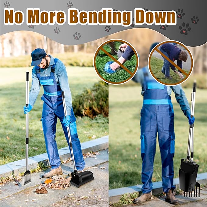 Pooper Scooper Metal 38" Long Adjustable Handle Swivel Bin & Rake for Large & Small Dogs Non-Breakable Dog Poop Scooper Easy to Clean Pet Waste Use on Grass, with 20 Waste Bags