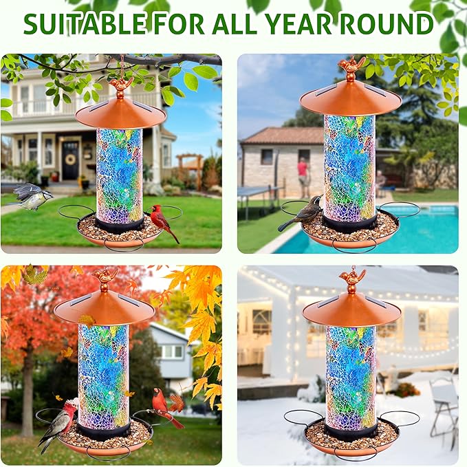 XDW-GIFTS Mosaic Solar Bird Feeder, Waterproof Lantern Shape with Hook & 4 LED Lights, Garden Decor for Lawn, Patio, Balcony, Yard Ornament - Unique Gifts for Mom,Women,Grandma,Bird Lovers