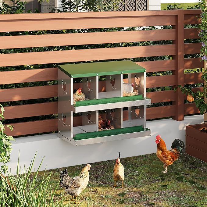 6 Hole Chicken Nesting Box with Roll Out Egg Tray, Rustproof & Ventilated Chicken Laying Boxes for Hens, Chickens, Ducks | Easy-Clean Poultry Coop Accessories