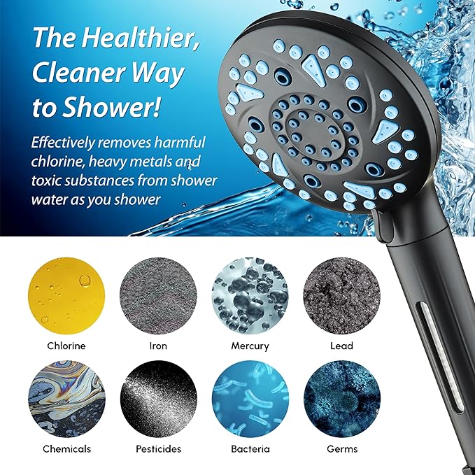 AquaCare High Pressure 10 Spray Mode Filtered Showerhead - Handheld Shower Head Filters Chlorine to Heal Dry Skin, Revive Hair - Dual Power Wash Cleans Tub, Tile, Pets - Hard Water Softener, Black