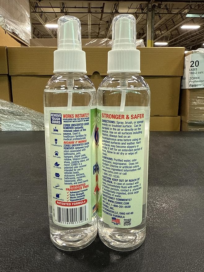 ZORBX Unscented Odor Eliminator for Strong Odor 7.5 Fl Oz Pack of 2 - Used in Hospitals & Healthcare Facilities - Advanced Formula, Fast-Acting Odor Remover Spray for Dog, Cat, House & Carpet