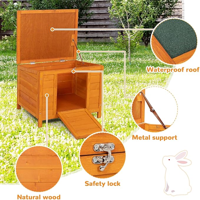 COZIWOW 24inches Wooden Catio Outdoor Cat House Small Animal House,Rabbit Hutch Indoor,Stable Weatherproof Bunny Cage Pet Shelter for Small Cat Dog Rabbit Guinea Pig(Orange)