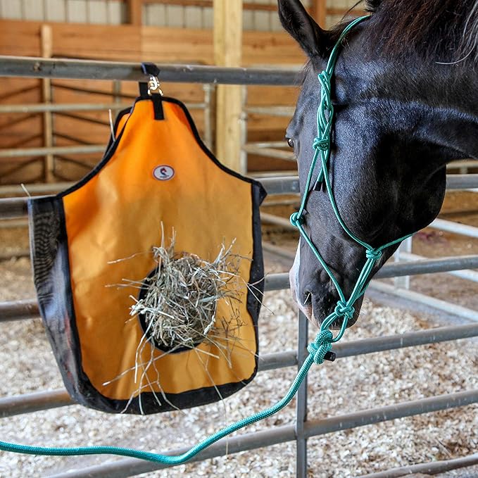 Majestic Ally 1200 D Hay Feeder Tote Bag for Horses, Sheep with Reflective Trim- Reduces Waste - Comes with 36” Hay Net. (Red)