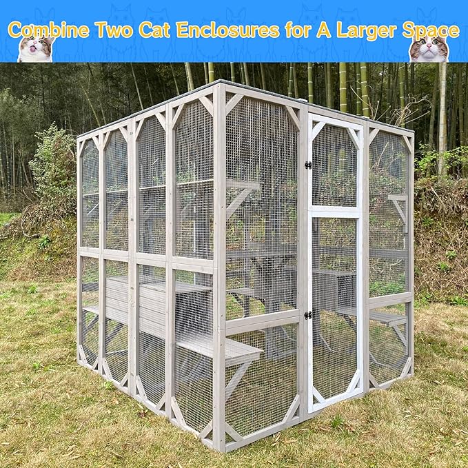 Catio Outdoor Cat Enclosure Cat House, Large Wooden Walk-in Cat Cage Condo Indoor Playpen with Multi Platforms, Flat Roof, and 2 Resting Box (Grey, 70.9" L x 36.5" W x 70.9" H)