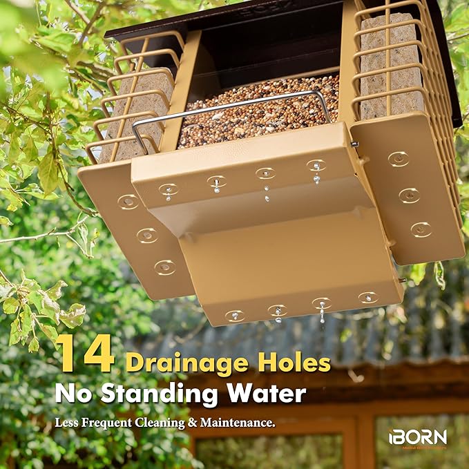 iBorn Bird Feeders for Outdoors,Bird Feeder with Double Suet Holders,Suet Feeder for Outside Hanging,Large Weatherproof Metal Roof,Easy to Refill & Clean,3.2 LBs Seed Capacity + 2X Cakes,1 Pack,Coffee