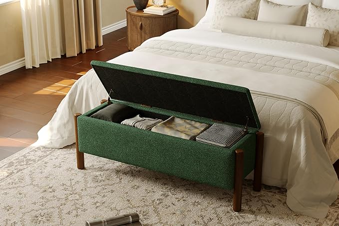 Modern Storage Benches with Walnut Wood Legs, 47'' Ottoman Bench with 20 Gallons Storage Space for Bedroom End of Bed, Fabric Upholstered Entryway Bench with Seating for Livingroom, Green