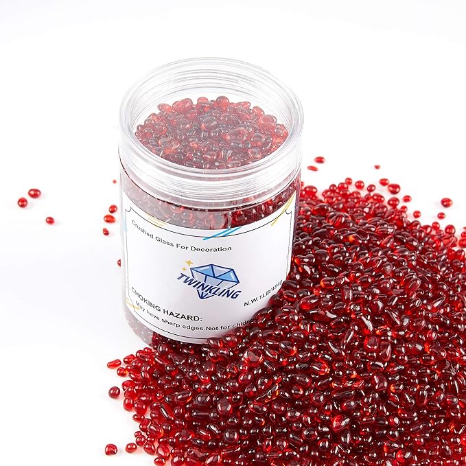 TWINKLING High Luster Round Fire Glass Stones, Marbles, Pebbles, Beads Gems for Fire Pit, Vase Fillers, Crafts, Aquarium Garden Decoration, 3-6mm, 1-Pound Jar (Red)