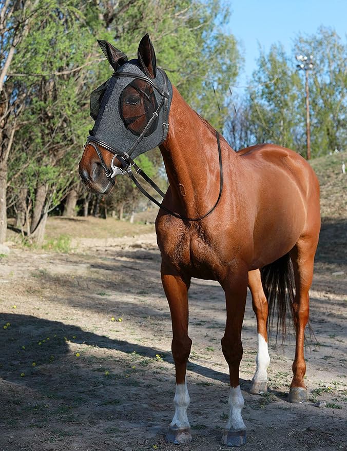 Horse Fly Mask with Ears, UV Protection Mask for Horses, Elasticity Mask with Big Mesh Eye Covers, Snug Fitting Comfortable Breathable Lightweight Dappled Gray Cob