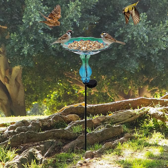 John's Studio Peacock Bird Bath for Outdoor - Glass Bowl Solar Light Cage Outside Dish Bird Feeder with Metal Stake for Garden, Yard and Patio - 32 inches