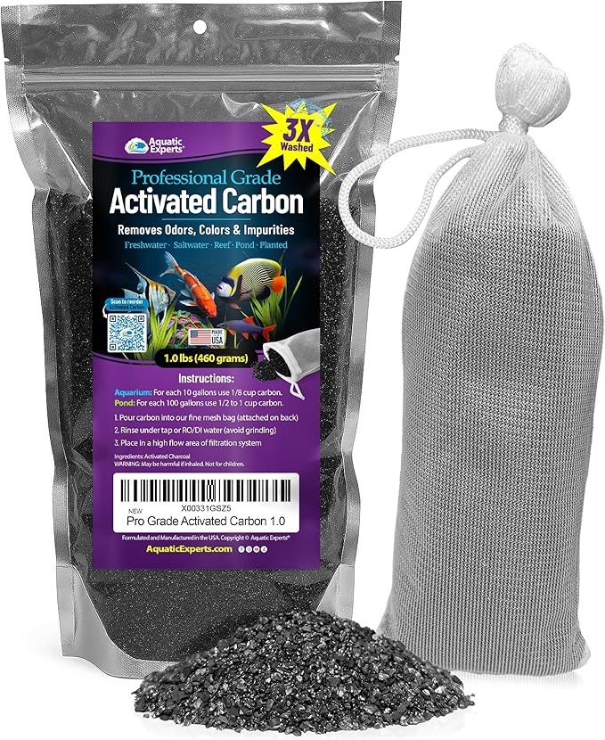 Premium Activated Carbon, Aquarium Carbon for Fish Tank Filter, Aquarium Filter Media, Granulated Charcoal for Fish Tanks, Activated Charcoal Bulk (1 lbs with Fine Mesh Bag)