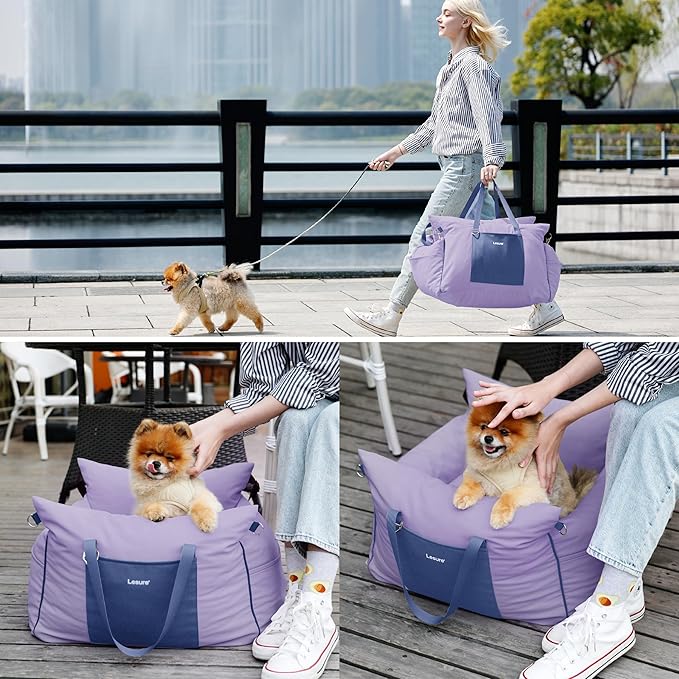 Lesure Small Dog Car Seat for Small Dogs - Waterproof Dog Booster Seat for Car with Storage Pockets and Clip-On Safety Leash and Thickened Memory Foam Filling, Puppy Travel Carrier Bed, Lavender Fog