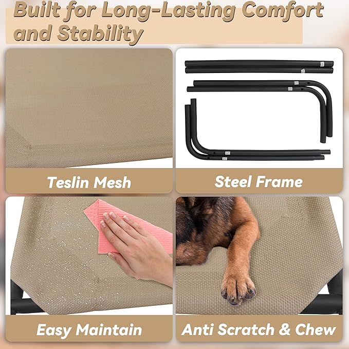 PHYEX Elevated Dog Bed for Medium Dogs, Raised Dog Bed with Breathable Mesh, Dog Cot Bed with Sturdy Steel Frame for Indoor & Outdoor Use, Non Slip, Easy to Clean, 43.5 Inches, Brown