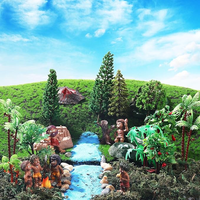 27 Pcs Primitive Man Figurines Kit, Include Diorama Supplies Mini People Figures Mixed Model Trees Stone Sand for Diorama Box Educational School Project Gift