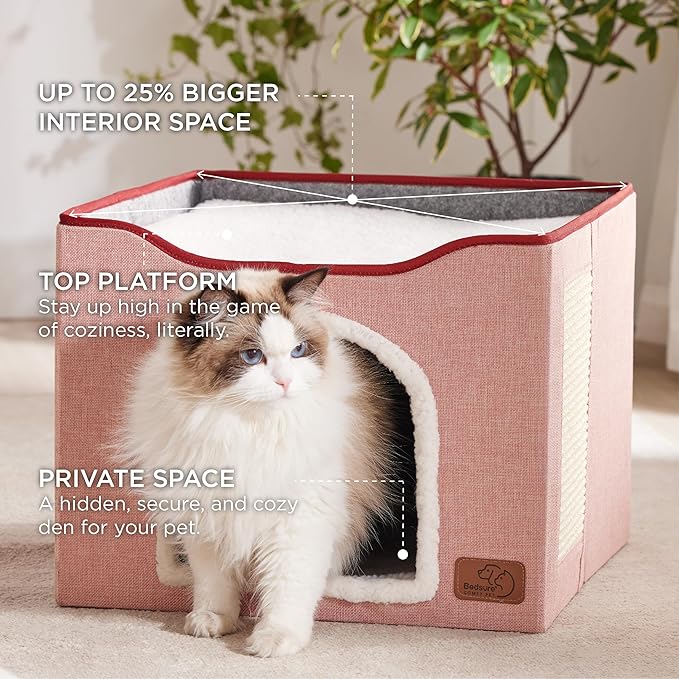 Bedsure Cat Beds for Indoor Cats - Large Cat Cave for Pet Cat House with Fluffy Ball Hanging and Scratch Pad, Foldable Cat Hideaway,16.5x16.5x13 inches, Pink