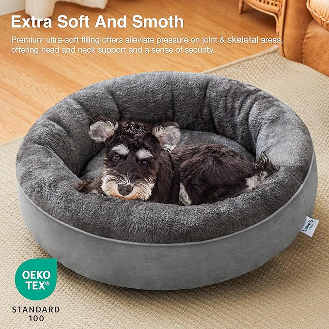 Love's cabin Round Donut Cat and Dog Cushion Bed, 25in Pet Bed for Small or Medium Dogs, Anti-Slip & Water-Resistant Bottom, Soft Durable Fabric Pet Beds, Washable Calming Cat Bed Solid Grey