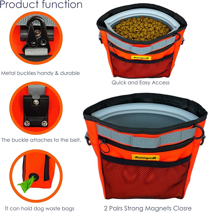 Dog Treat Pouch with Magnetic Closure 4-Cup Silicone Bag Fanny Pack Holder with Clicker 4 Ways to Wear Front Pocket Fits All Phones Ideal for Leash, Pet Walking and Training(Orange)
