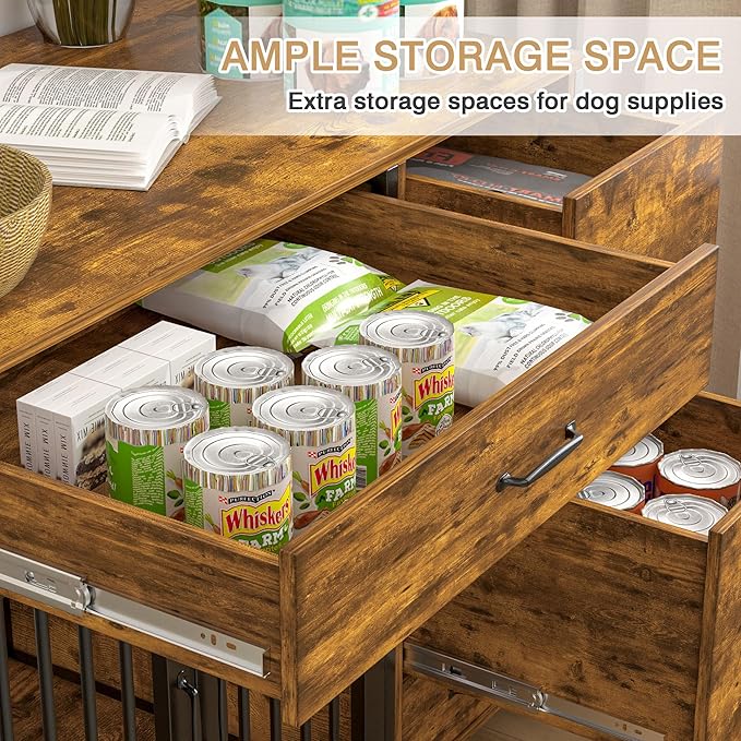 VECELO Dog Crate Furniture, 43 inch Wood Dog Crate End Table with Storage Drawers, Heavy Duty Dog Kennel Furniture Indoor, Rustic Brwon