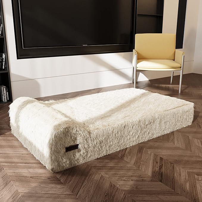 KOPEKS Orthopedic Memory Foam Dog Bed 7" Inch Thick Extra Large Dog Bed with Pillow Fluffy Brown 50"x34"x10" Includes Waterproof Liner & Durable Removable Cover with Smart Design