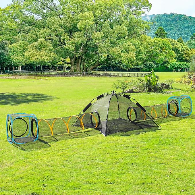 Pet Play Tunnel + Cube(with Three Ways) for Indoor and Outdoor, Kitty Play House, Cat Enclosures, Collapsible Cat Tent, Cage, Kitten Toys Easy to Connect with Kitty Tent(2 Cubes + Run Tunnel)
