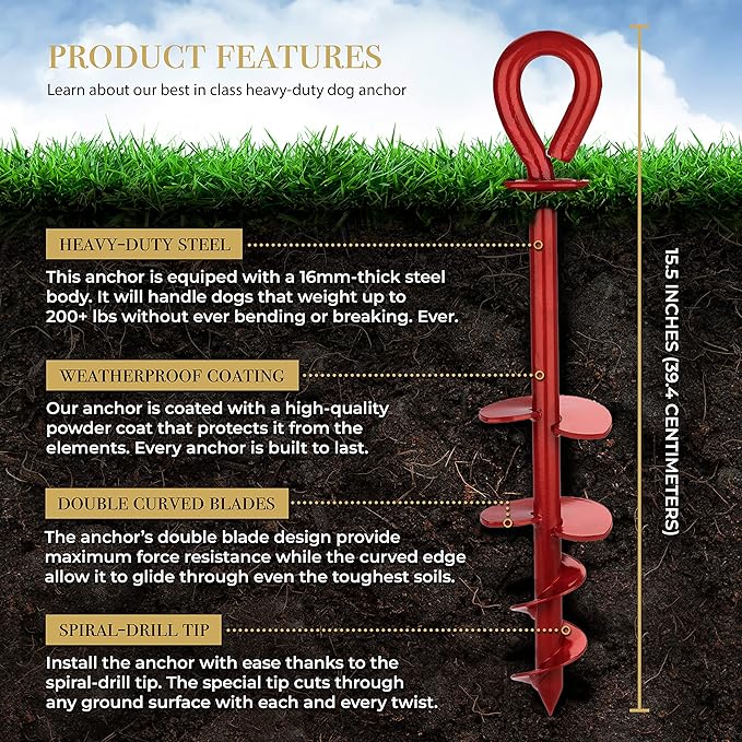 ROYAL-PAW Dog Tie Out Stake - for Large Dogs up to 210 lbs - Heavy Duty Dog Stake for Yard, Beach & Camping Outside - Best in Ground Anchor for a Dog Cable, Leash, Lead Tether (1, Crimson Red)