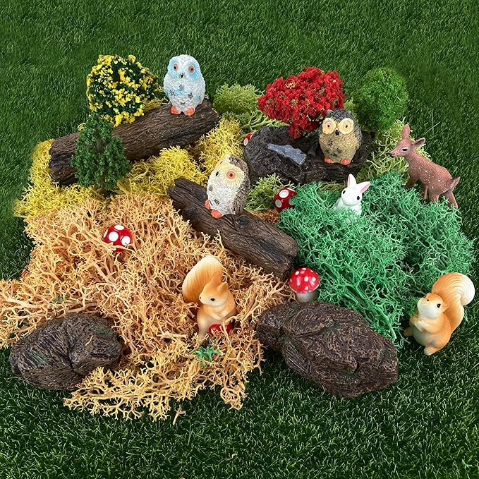 36 Pcs Fairy Garden Accessories, Mini Resin Animals Figures, Artificial Tree Stumps and Fake Stone Rocks, Moss Bonsai Micro Landscape Ornaments Kit, Miniature Garden Kit, Terrarium Ornaments DIY Craft
