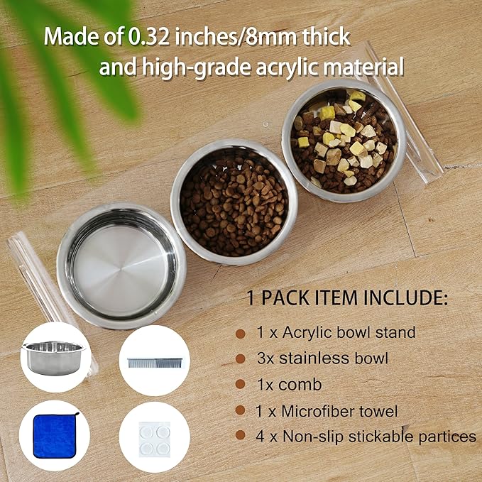 Tilted Raised Elevated Food and Water Bowls Stand for Cat or Small Dogs - Puppy's Clear Acrylic Stainless Steel 3 Dishes Holder for Boy or Girl Pet by WBhonghui (Clear-3bowls)