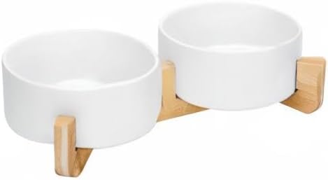 SPUNKYJUNKY Ceramic Dog and Cat Bowl Set with Wooden Stand, Modern Cute Weighted Food Water Set for Large Size Dogs (7.6 Cups, 2 × White)