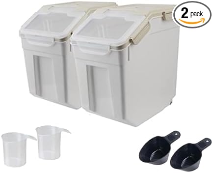 2Pcs Airtight Rice Flour Storage Container 25lbs, Large Pet Food Container Box Plastic Rice Storage Bin with Lid, Grain Cereal Bucket with Spoon Measuring Cup and Wheel (Grey)