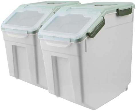 2Pcs Airtight Rice Flour Storage Container 25lbs, Large Pet Food Container Box Plastic Rice Storage Bin with Lid, Grain Cereal Bucket with Spoon Measuring Cup and Wheel (Green)