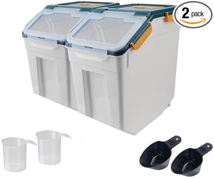 2Pcs Airtight Rice Flour Storage Container 25lbs, Large Pet Food Container Box Plastic Rice Storage Bin with Lid, Grain Cereal Bucket with Spoon Measuring Cup and Wheel (Blue)