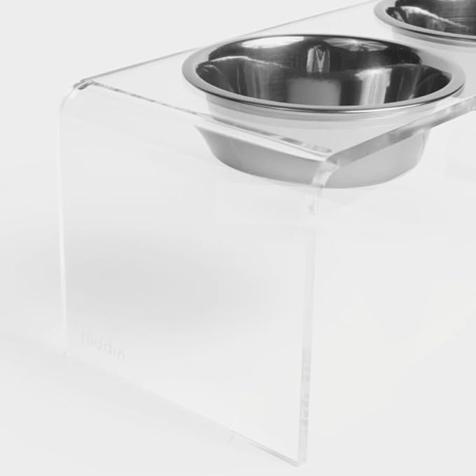 Hiddin Double Elevated Dog Bowl Stand for Medium or Large Dogs, All Breeds, Clear Acrylic 7 Inch Raised Dog Bowl Stand with Two Stainless Steel Bowls for Food and Water - 6.5 Cups Each Dish