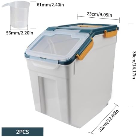 2Pcs Airtight Rice Flour Storage Container 25lbs, Large Pet Food Container Box Plastic Rice Storage Bin with Lid, Grain Cereal Bucket with Spoon Measuring Cup and Wheel (Blue)