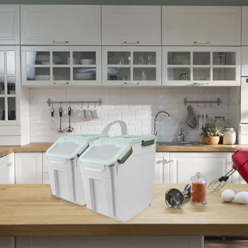 2Pcs Airtight Rice Flour Storage Container 25lbs, Large Pet Food Container Box Plastic Rice Storage Bin with Lid, Grain Cereal Bucket with Spoon Measuring Cup and Wheel (Green)