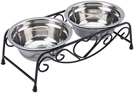 Raised Dog Bowls, Stainless Steel Double Pet Food Feeder Cat Water Dispenser Dish Bowls with Retro Iron Stand for Small or Medium Dogs Cats Puppy