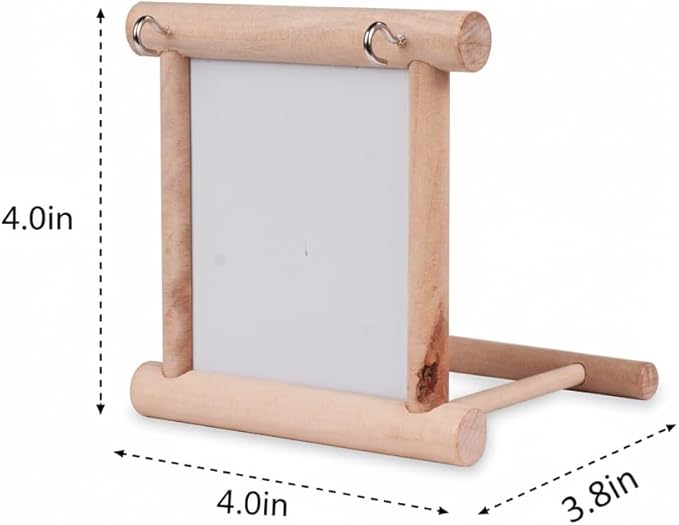 Bird Mirror Toy for Parakeet, Budgie, and Lovebirds - MINI-FACTORY Safe Enrichment Cage Accessory with Natural Wood Perch for Small & Medium Birds