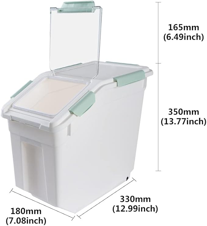 Saim Flour & Food Storage Container 25LB, Rice Dispenser & Dog Food Container with Lid, BPA Free Plastic with Measuring Cup for Rice, Flour, Dry Food Organization Cat Food Bin Bulk on wheels (Green)