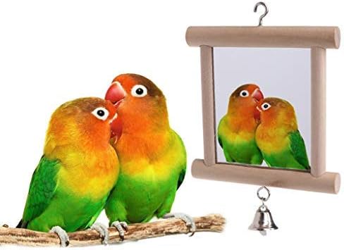 Bird Mirror Wooden Hanging Swing Interactive Play Toys for Small Parrot Budgies Macaw African Grey Parakeet Cockatiel Conure Lovebird Cage Accessories (Bird Mirror with Bell-ONE)