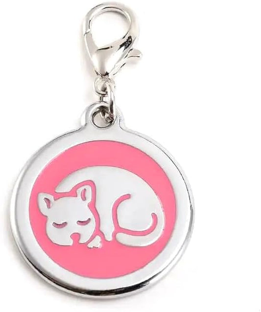 Personalized Pet ID Tags with Lobster Claw Clasp for Kittens and Cats - Small pet Tags for Cats, cat Name Tags for Collar, Custom cat id tag (Sleeping-Round-Small: Pink)